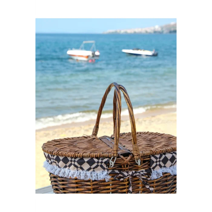 Liliane - Söğüt Hasırı Kapaklı Kulplu İç Korumalı Naturel Piknik Sepeti