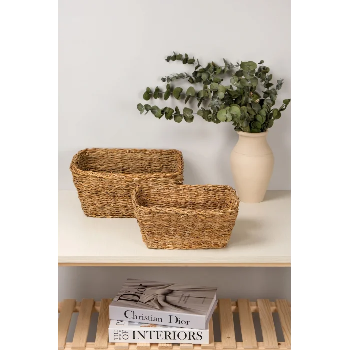 Alessia - 2 li Naturel Dekoratif Kulplu Hasır Çok Amaçlı Sepet Seti, Havluluk, Banyo Organizer