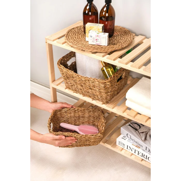 Alessia - 2 li Naturel Dekoratif Kulplu Hasır Çok Amaçlı Sepet Seti, Havluluk, Banyo Organizer