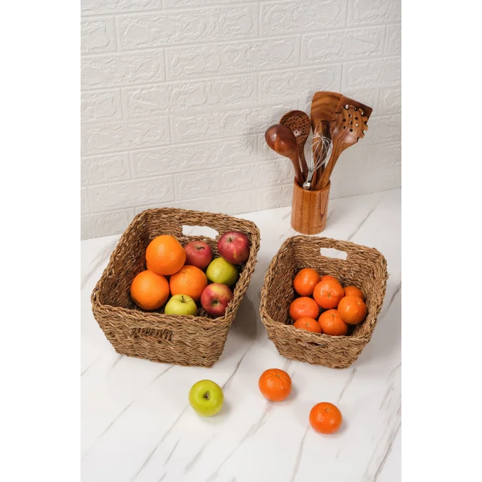 Alessia - 2 li Naturel Dekoratif Kulplu Hasır Çok Amaçlı Sepet Seti, Havluluk, Banyo Organizer