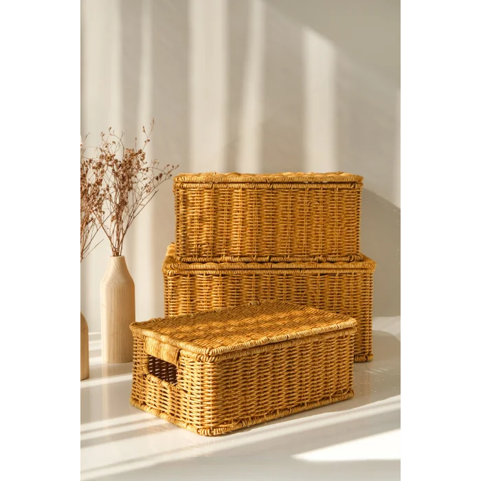 Guiliana -3 lü Rattan Kapaklı Dikdörtgen Organizer Çok Amaçlı Sepet Seti