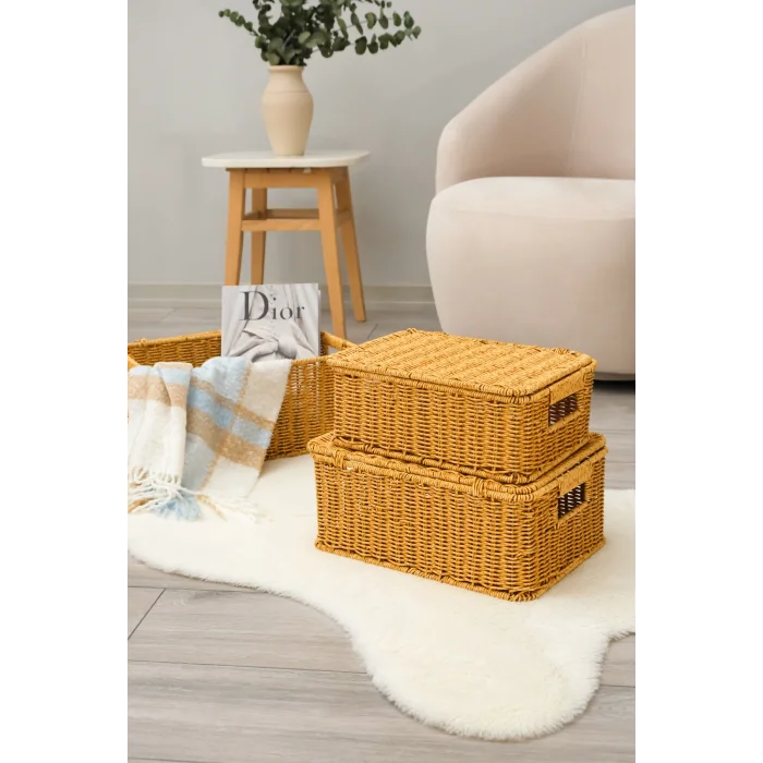 Guiliana -3 lü Rattan Kapaklı Dikdörtgen Organizer Çok Amaçlı Sepet Seti