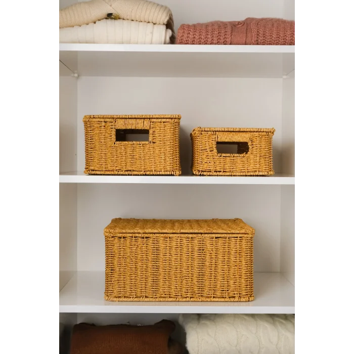 Guiliana -3 lü Rattan Kapaklı Dikdörtgen Organizer Çok Amaçlı Sepet Seti