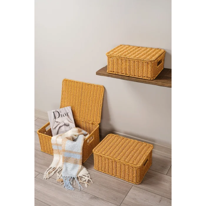Guiliana -3 lü Rattan Kapaklı Dikdörtgen Organizer Çok Amaçlı Sepet Seti