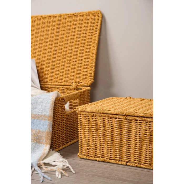 Guiliana -3 lü Rattan Kapaklı Dikdörtgen Organizer Çok Amaçlı Sepet Seti