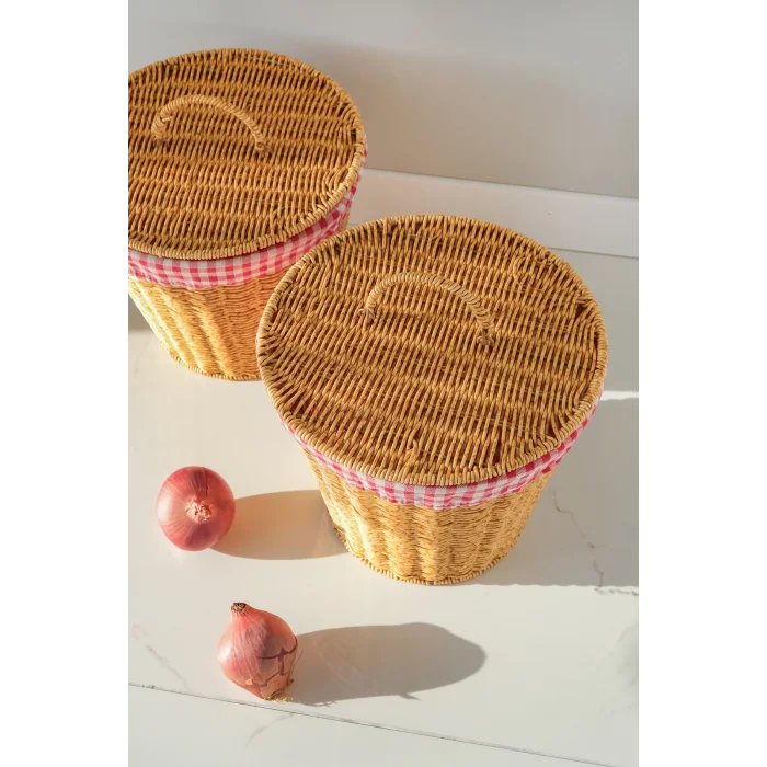 Lorraine - 2 li Rattan İç Korumalı Kapaklı Çok Amaçlı Patates ve Soğan Sepeti