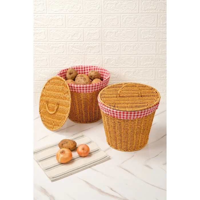Lorraine - 2 li Rattan İç Korumalı Kapaklı Çok Amaçlı Patates ve Soğan Sepeti