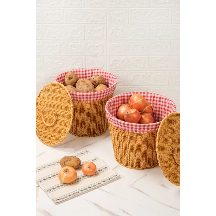 Lorraine - 2 li Rattan İç Korumalı Kapaklı Çok Amaçlı Patates ve Soğan Sepeti
