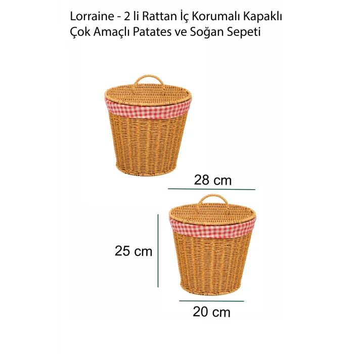 Lorraine - 2 li Rattan İç Korumalı Kapaklı Çok Amaçlı Patates ve Soğan Sepeti