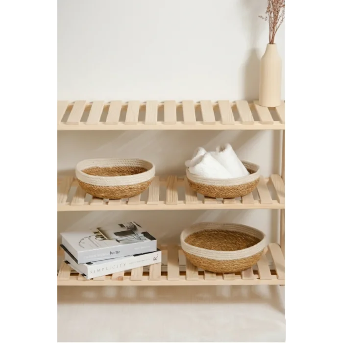 Giorgia - 3 lü Dekoratif Doğal El Örmesi Hasır Yuvarlak Sepet Seti, Meyvelik, Sabunluk, Havluluk, Banyo Organizer
