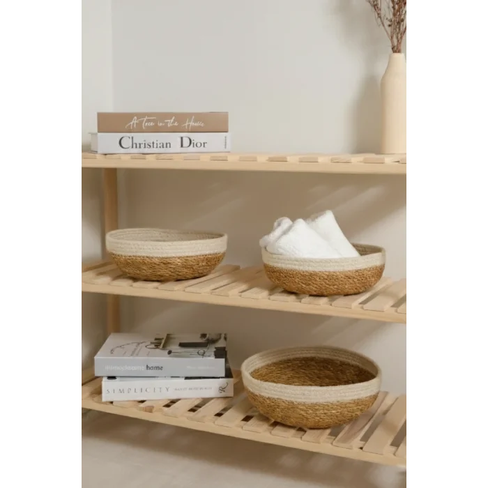 Giorgia - 3 lü Dekoratif Doğal El Örmesi Hasır Yuvarlak Sepet Seti, Meyvelik, Sabunluk, Havluluk, Banyo Organizer