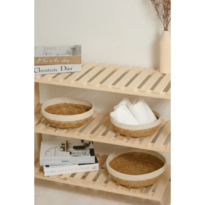 Giorgia - 3 lü Dekoratif Doğal El Örmesi Hasır Yuvarlak Sepet Seti, Meyvelik, Sabunluk, Havluluk, Banyo Organizer