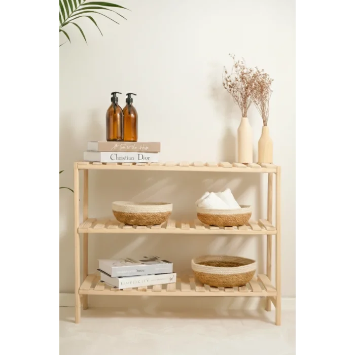 Giorgia - 3 lü Dekoratif Doğal El Örmesi Hasır Yuvarlak Sepet Seti, Meyvelik, Sabunluk, Havluluk, Banyo Organizer