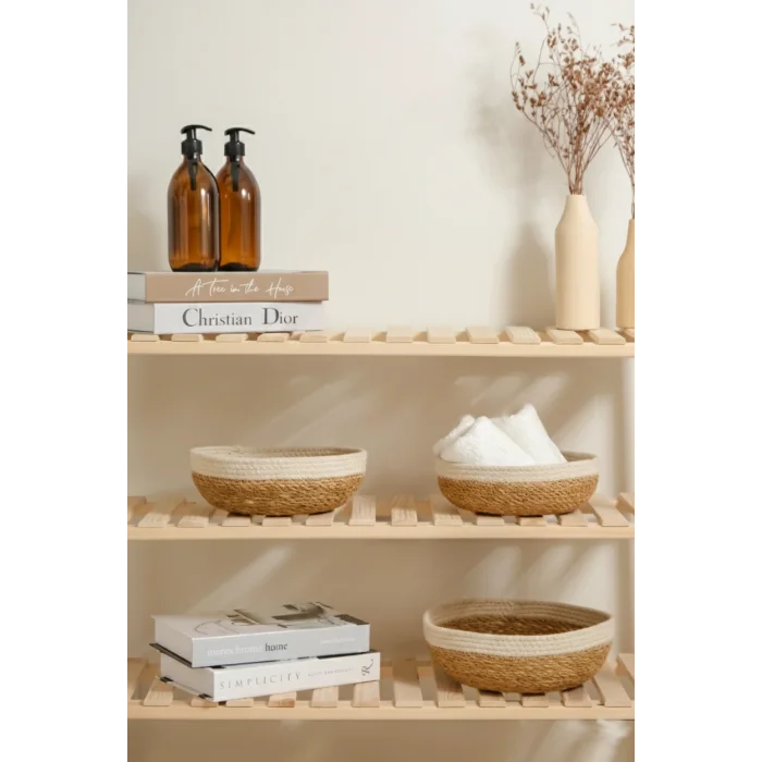 Giorgia - 3 lü Dekoratif Doğal El Örmesi Hasır Yuvarlak Sepet Seti, Meyvelik, Sabunluk, Havluluk, Banyo Organizer