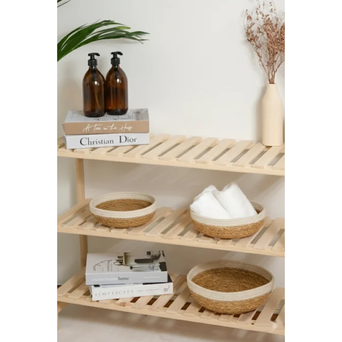 Giorgia - 3 lü Dekoratif Doğal El Örmesi Hasır Yuvarlak Sepet Seti, Meyvelik, Sabunluk, Havluluk, Banyo Organizer