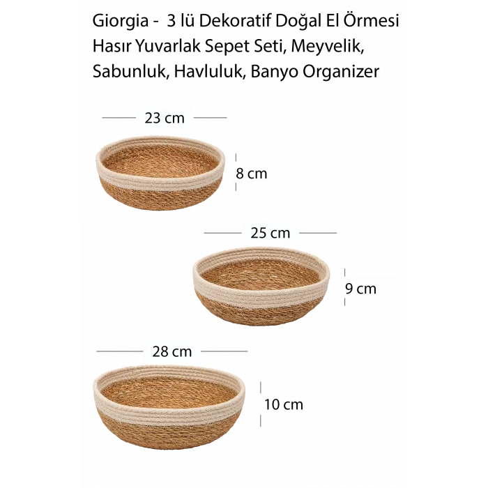 Giorgia - 3 lü Dekoratif Doğal El Örmesi Hasır Yuvarlak Sepet Seti, Meyvelik, Sabunluk, Havluluk, Banyo Organizer