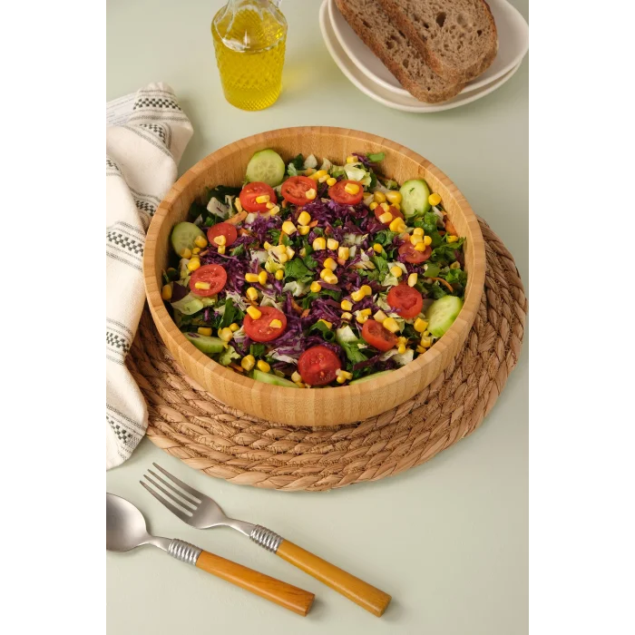 Mia - 24 cm Bambu İkeanatural Salata Kasesi, Sunum Kasesi, Dekoratif Kase, İskandinav Kase
