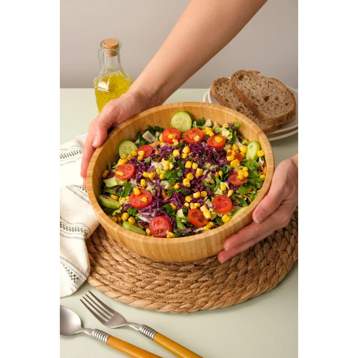 Mia - 24 cm Bambu İkeanatural Salata Kasesi, Sunum Kasesi, Dekoratif Kase, İskandinav Kase