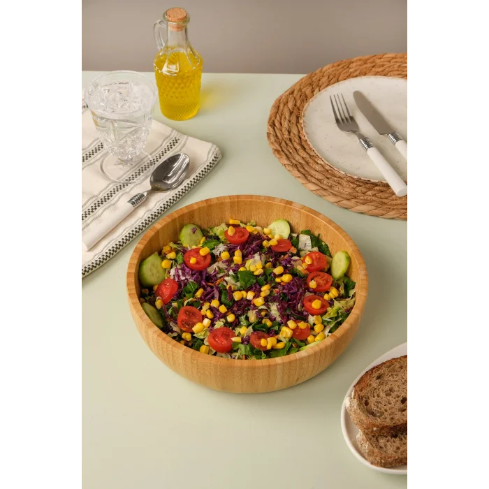Mia - 24 cm Bambu İkeanatural Salata Kasesi, Sunum Kasesi, Dekoratif Kase, İskandinav Kase
