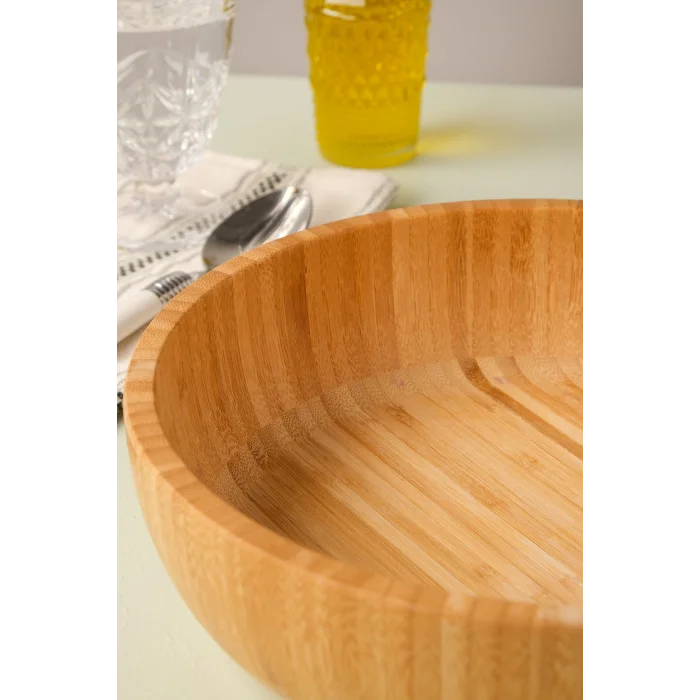 Mia - 24 cm Bambu İkeanatural Salata Kasesi, Sunum Kasesi, Dekoratif Kase, İskandinav Kase
