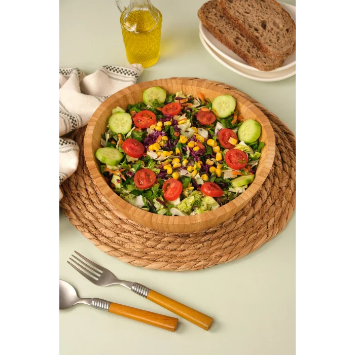 Mia - 23 cm Bambu İkeanatural Salata Kasesi, Sunum Kasesi, Dekoratif Kase, İskandinav Kase