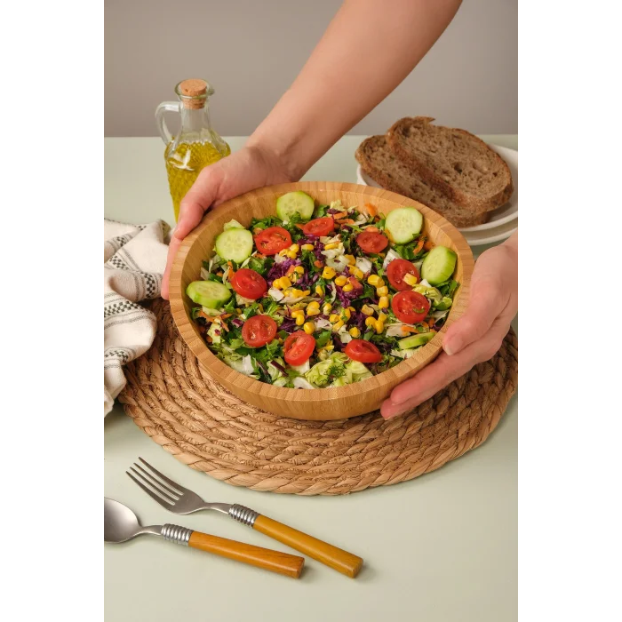 Mia - 23 cm Bambu İkeanatural Salata Kasesi, Sunum Kasesi, Dekoratif Kase, İskandinav Kase