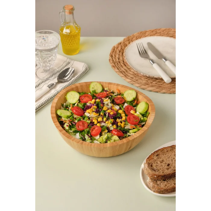 Mia - 23 cm Bambu İkeanatural Salata Kasesi, Sunum Kasesi, Dekoratif Kase, İskandinav Kase