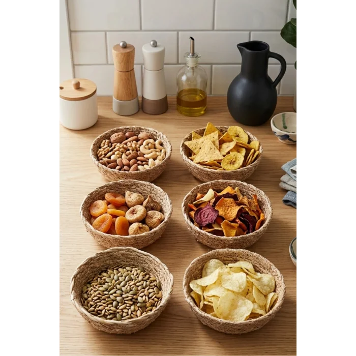 Rhea - 6 lı Naturel Hasır Kase, Çerezlik