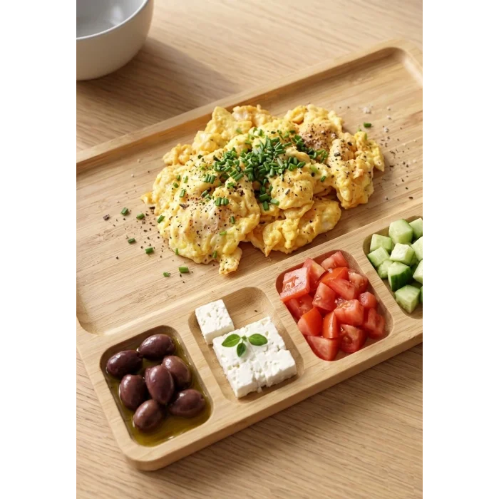 Nora - Bambu Sunum Ve Kahvaltı Tabağı, Steak Sunum Tabağı Büyük Boy Bambu Tabak 6 Bölmeli 32 X 24 Cm