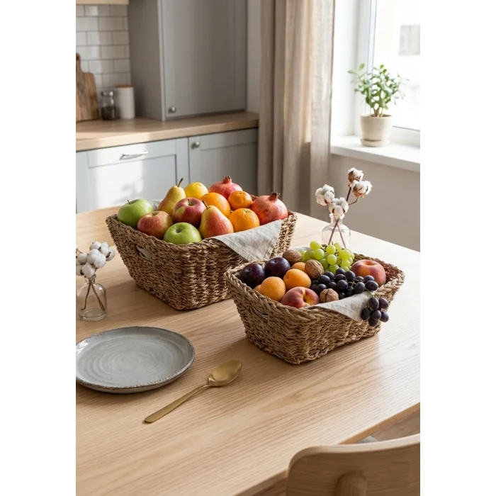 Alessia - 2 li Naturel Dekoratif Kulplu Hasır Çok Amaçlı Sepet Seti, Havluluk, Banyo Organizer