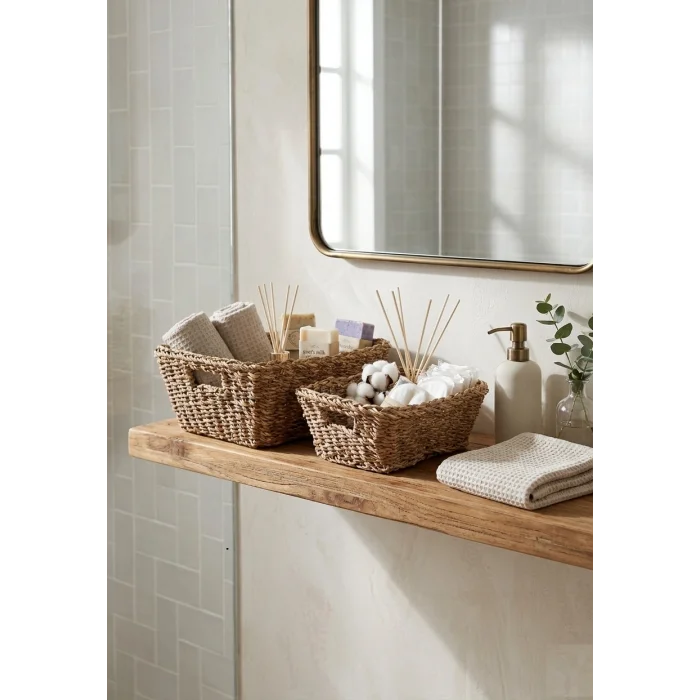 Alessia - 2 li Naturel Dekoratif Kulplu Hasır Çok Amaçlı Sepet Seti, Havluluk, Banyo Organizer