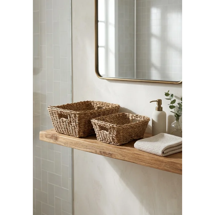 Alessia - 2 li Naturel Dekoratif Kulplu Hasır Çok Amaçlı Sepet Seti, Havluluk, Banyo Organizer