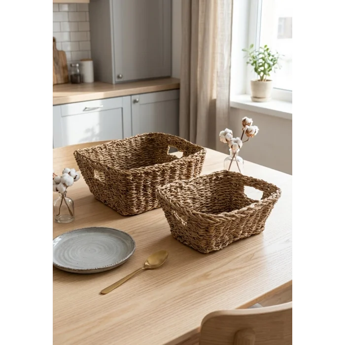 Alessia - 2 li Naturel Dekoratif Kulplu Hasır Çok Amaçlı Sepet Seti, Havluluk, Banyo Organizer