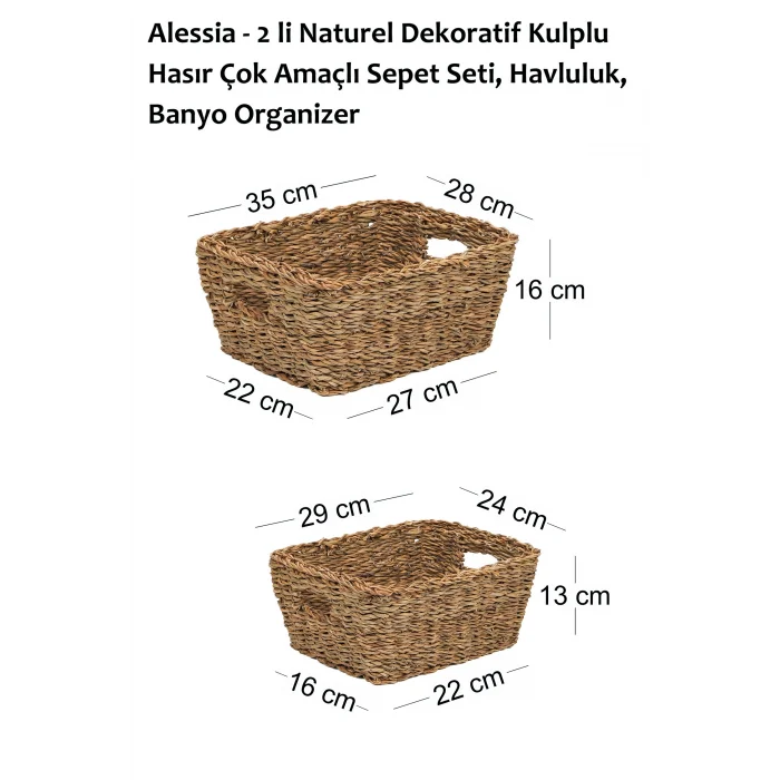 Alessia - 2 li Naturel Dekoratif Kulplu Hasır Çok Amaçlı Sepet Seti, Havluluk, Banyo Organizer