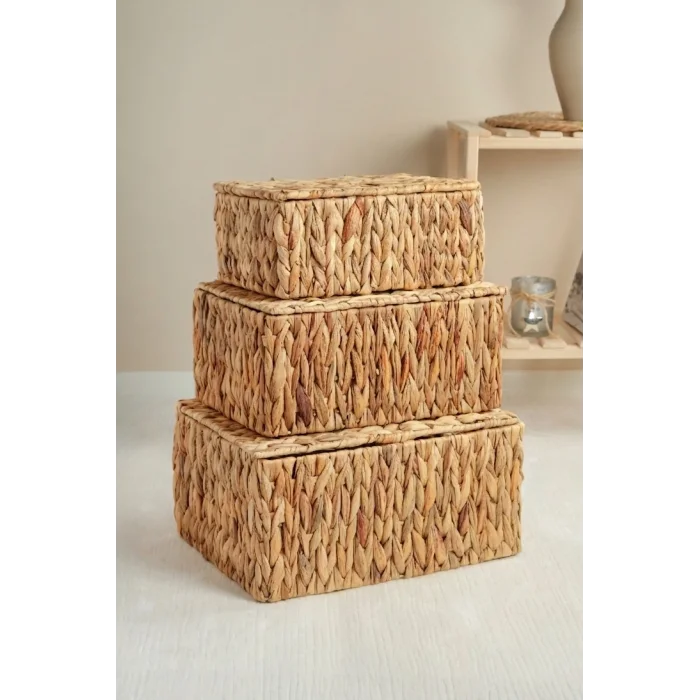 Philippa - 3 lü Hasır Kapaklı Dikdörtgen Çok Amaçlı Sepet Seti