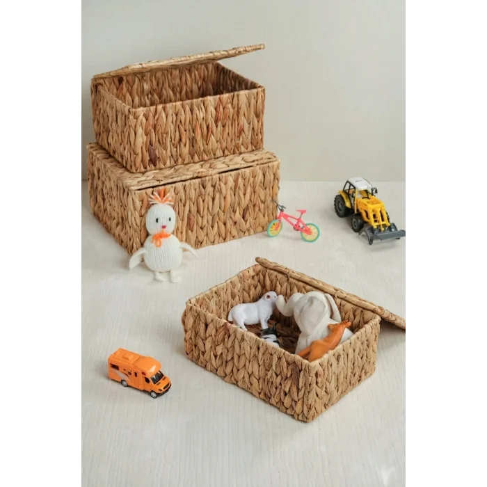 Philippa - 3 lü Hasır Kapaklı Dikdörtgen Çok Amaçlı Sepet Seti