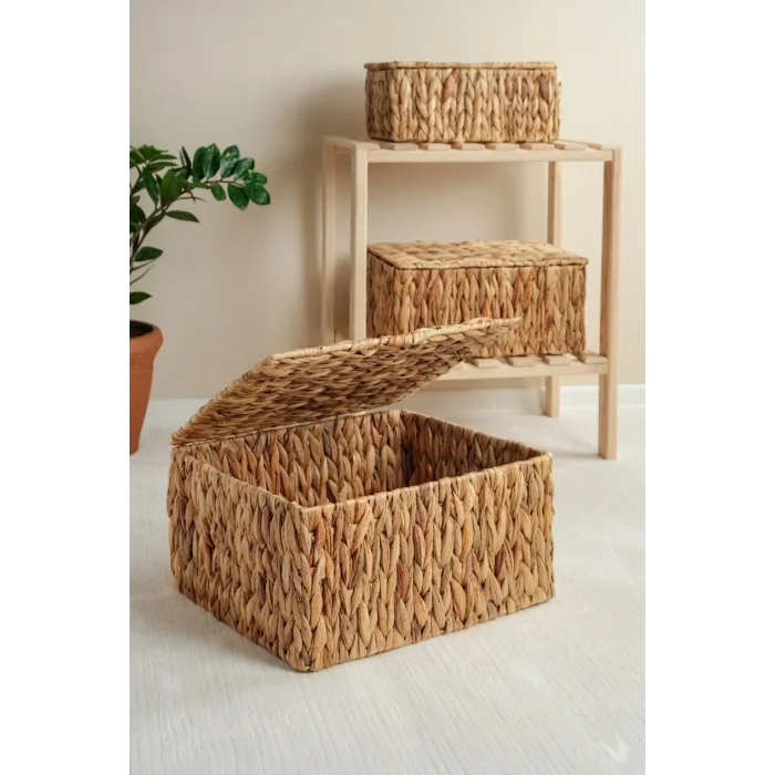 Philippa - 3 lü Hasır Kapaklı Dikdörtgen Çok Amaçlı Sepet Seti