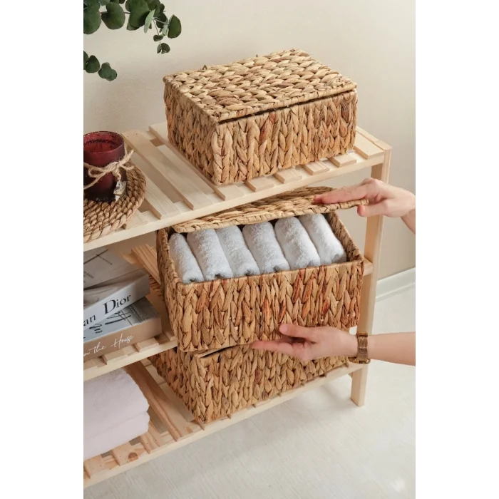 Philippa - 3 lü Hasır Kapaklı Dikdörtgen Çok Amaçlı Sepet Seti