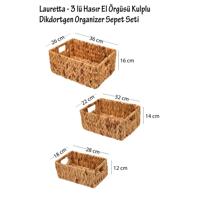 Lauretta - 3 lü Hasır El Örgüsü Kulplu Dikdörtgen Organizer Sepet Seti