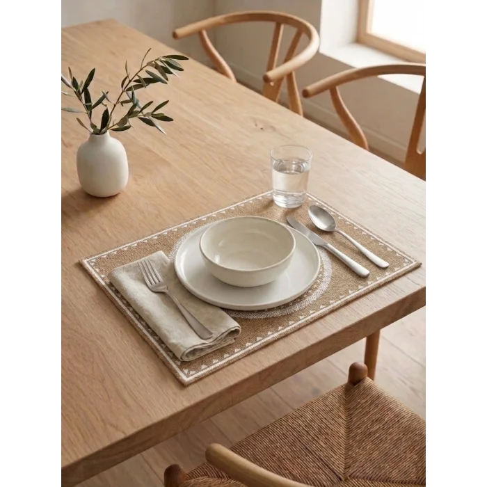 Ethnic - 6 Adet Jüt El Baskılı Dikdörtgen Sofra Sunum Tabak Altlığı Supla Amerikan Servisi 45x30 Cm