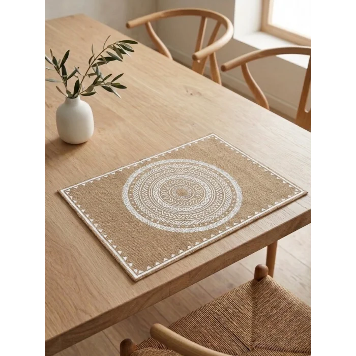 Ethnic - 6 Adet Jüt El Baskılı Dikdörtgen Sofra Sunum Tabak Altlığı Supla Amerikan Servisi 45x30 Cm