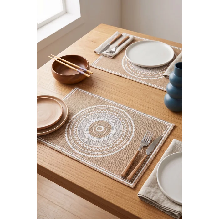 Ethnic - 6 Adet Jüt El Baskılı Dikdörtgen Sofra Sunum Tabak Altlığı Supla Amerikan Servisi 45x30 Cm