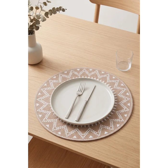 Ethnic - 6 Adet Jüt El Baskılı Yuvarlak Sofra Sunum Tabak Altlığı Supla Amerikan Servisi 38 Cm
