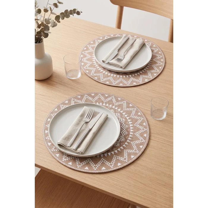 Ethnic - 6 Adet Jüt El Baskılı Yuvarlak Sofra Sunum Tabak Altlığı Supla Amerikan Servisi 38 Cm