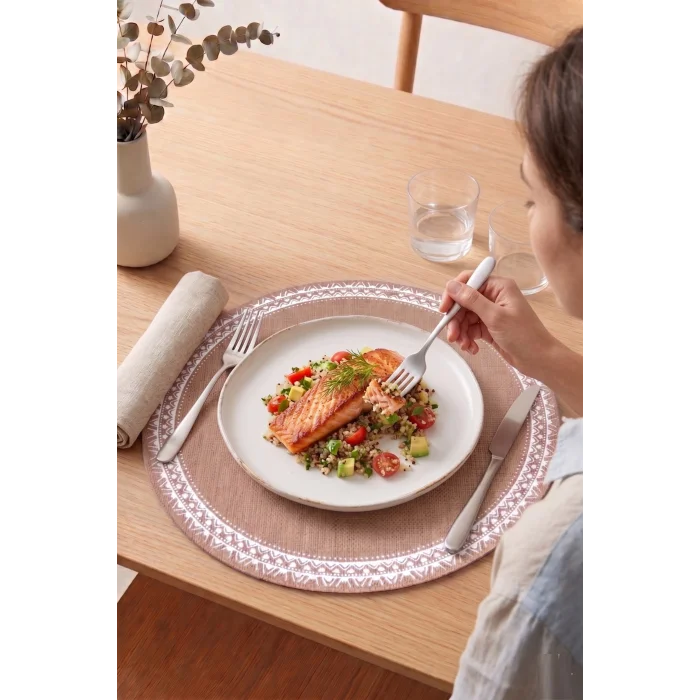 Ethnic - 6 Adet Jüt El Baskılı Yuvarlak Sofra Sunum Tabak Altlığı Supla Amerikan Servisi 38 Cm