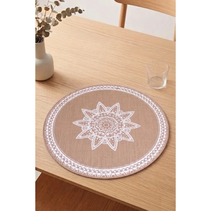Ethnic - 6 Adet Jüt El Baskılı Yuvarlak Sofra Sunum Tabak Altlığı Supla Amerikan Servisi 38 Cm