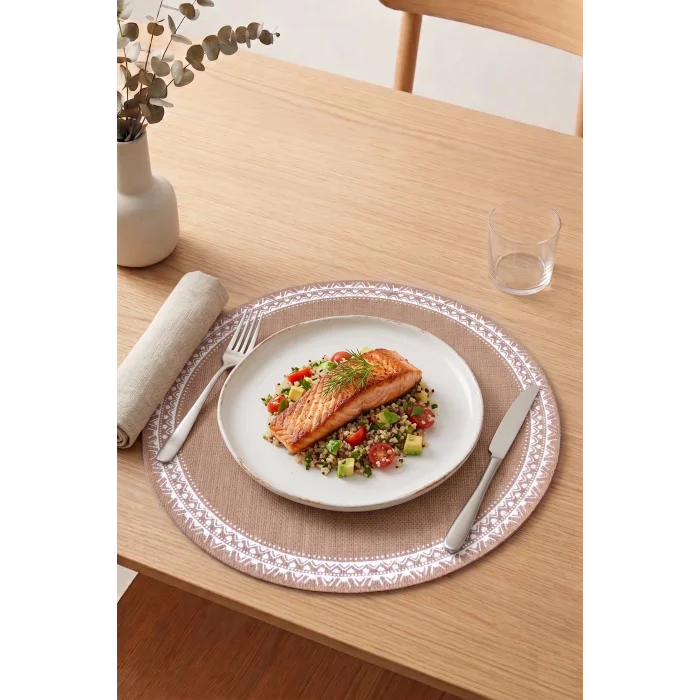 Ethnic - 6 Adet Jüt El Baskılı Yuvarlak Sofra Sunum Tabak Altlığı Supla Amerikan Servisi 38 Cm