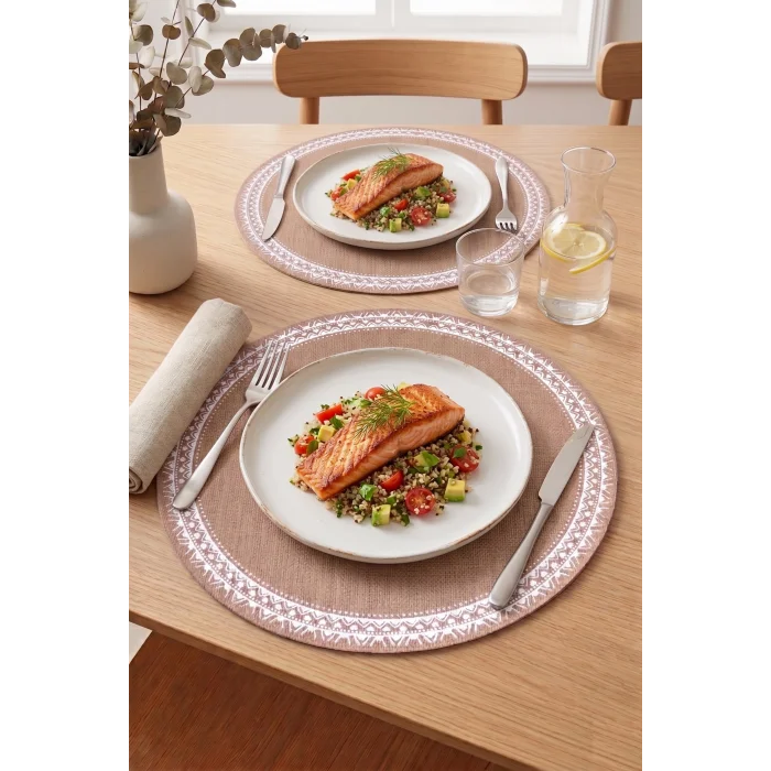 Ethnic - 6 Adet Jüt El Baskılı Yuvarlak Sofra Sunum Tabak Altlığı Supla Amerikan Servisi 38 Cm