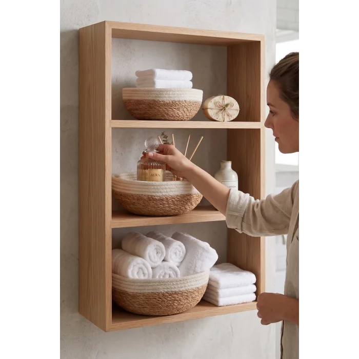 Giorgia - 3 lü Dekoratif Doğal El Örmesi Hasır Yuvarlak Sepet Seti, Meyvelik, Sabunluk, Havluluk, Banyo Organizer