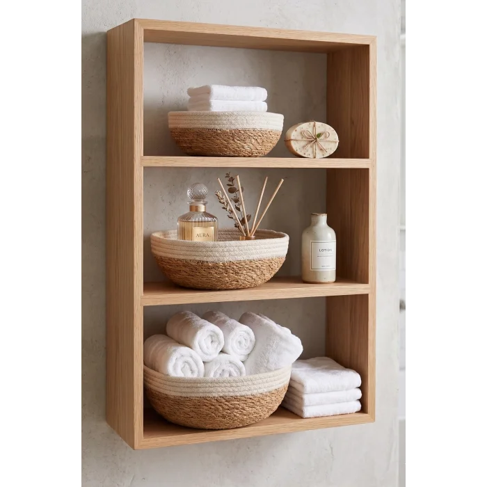 Giorgia - 3 lü Dekoratif Doğal El Örmesi Hasır Yuvarlak Sepet Seti, Meyvelik, Sabunluk, Havluluk, Banyo Organizer
